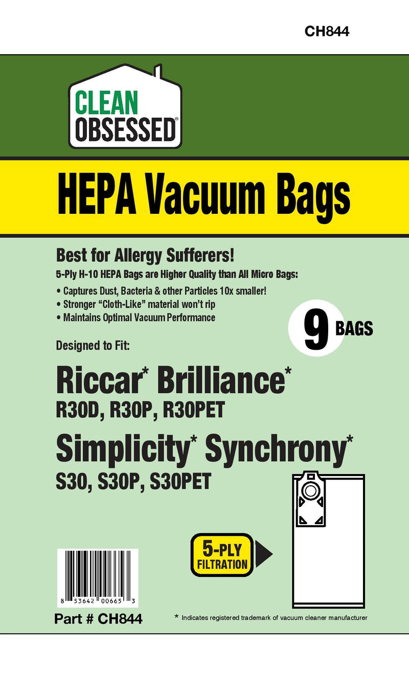 Clean Obsessed H-10 HEPA Bags Fits Riccar Brilliance R30D, R30P, R30PET & Simplicity Synchrony S30, S30P, S30PET. (9 Bag Pack) - PawsPlanet Australia