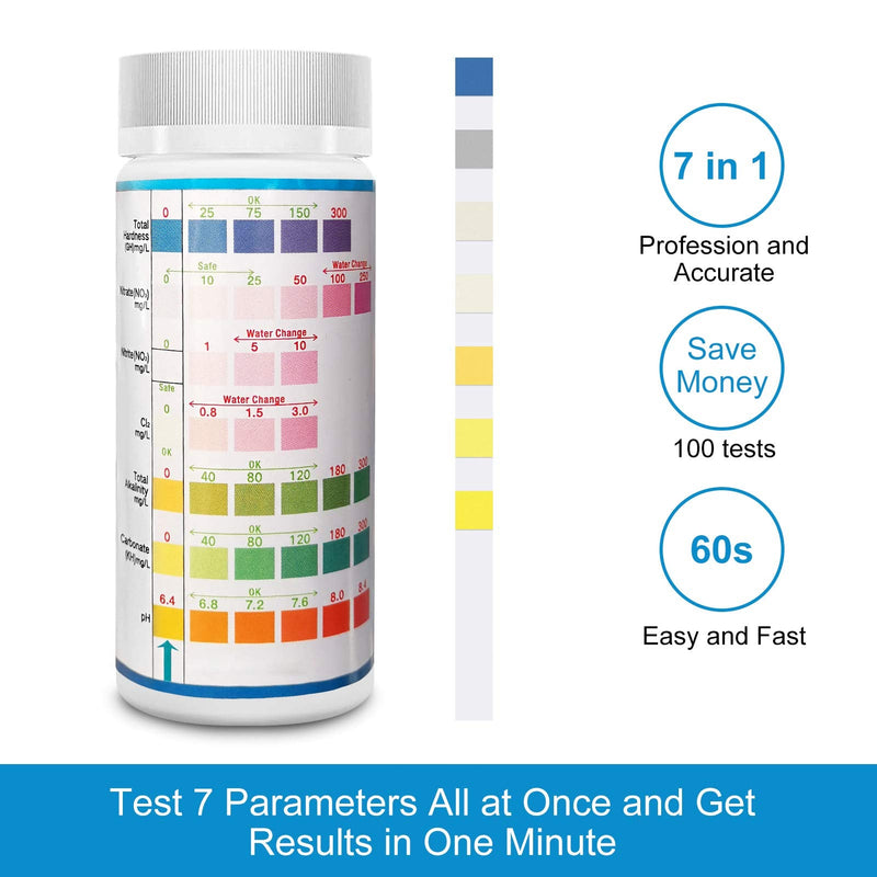 FUNSW 7 in 1 Aquarium Test Strips, Fish Tank Test Kit,Freshwater Saltwater Aquarium Water Test Kit to Detect pH Nitrite Nitrate Chlorine Carbonate Hardness (GH & KH) 7 in1-100Pcs - PawsPlanet Australia