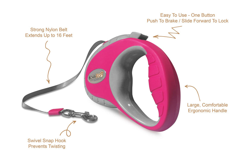 [Australia] - Retractable Dog Leash - Free Bonus Waste Bag Holder & 2 Free eGuides - 16' NO Burn Lead - Pets up to 44 lbs - Easy One Button Brake & Lock Safety System - Large Ergonomic Handle - Built to Last! Pink 