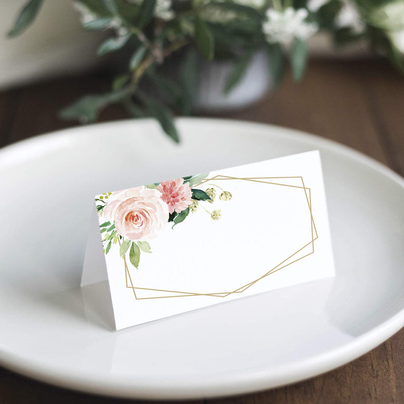 Bliss Collections Floral Place Cards for Wedding or Party, Seating Place Cards for Tables, Scored for Easy Folding, Blush, Coral and Greenery Geometric Flower Design, 50 Pack 2 x 3.5 Inches - PawsPlanet Australia