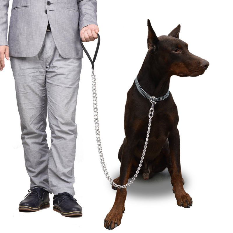 CtopoGo Premium Chain Heavy Duty Dog Leash - Soft Padded Leather Handle Lead - Perfect Basic Leashes Specifically Designed for Over 30KG Large Size Pets Walking (5.0mm x 1.2cm) 5.0mm x 1.2cm - PawsPlanet Australia