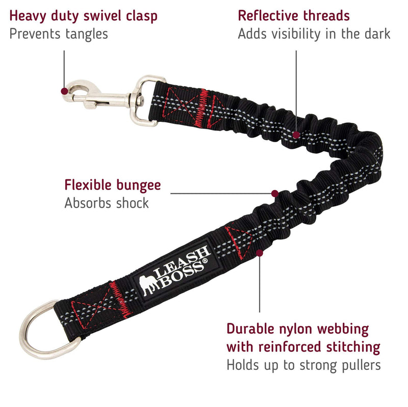 [Australia] - Leashboss Bungee Leash Extension - 18" Shock Absorbing Lead Extender 18 Inch Black Reflective 