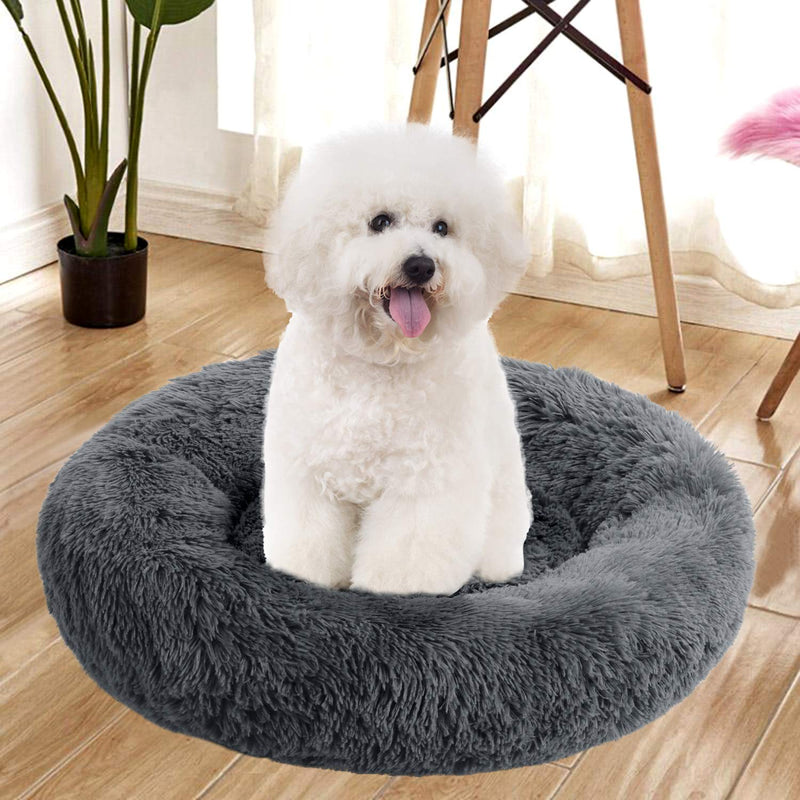 [Australia] - ESOEM Donut Pet Bed, Round Plush Cushion for Small Pets, Pluffy Mat Dog Sofa, Comfy Indoor Cat House Self-Warming Bedding 20" Dark Grey 
