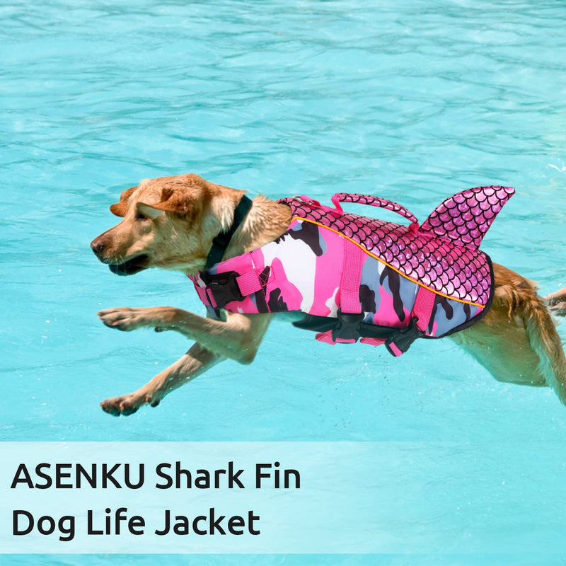 ASENKU Dog Life Jackets, Ripstop Pet Floatation Life Vest for Small, Medium, Large Size Dogs, Dog Lifesaver Preserver Swimsuit for Water Safety at The Pool, Beach, Swimming, Boating (XL,Pink Shark) X-Large Camo Pink - PawsPlanet Australia