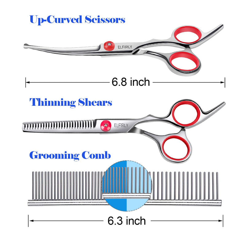 Elfirly Dog Grooming Scissors Set with Safety Round Tip (2 Pack - Curved Scissors Thinning Shears for Grooming) Pet Grooming Shears with Grooming Comb for Dogs and Cats Red - PawsPlanet Australia