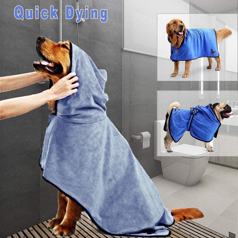 AlleyDesign Dog Towel Robe Coat: Absorbent Quick Drying Large Dog Bathrobe with Hoody & Belt|Microfiber Soft Pet Dressing Gown Bathrobe with Adjustable Collar and Waist(L,Blue) - PawsPlanet Australia