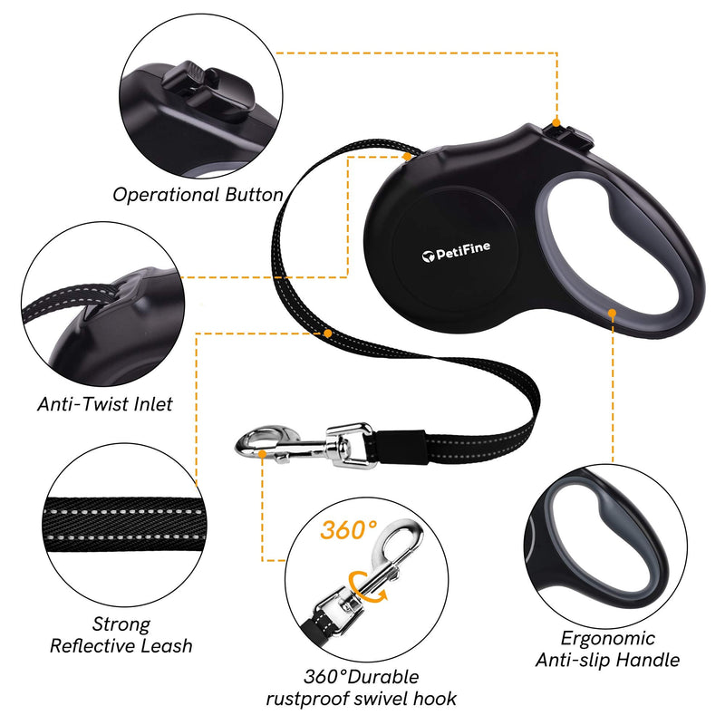 PetiFine Retractable Dog Leash with Dispenser and Poop Bags, 10FT/16FT Heavy Duty Reflective Walking Pet Leash for X-Small/Small/Medium/Large Breed Dogs or Cats up to 110 lbs, Tangle-Free X-Small-10ft Black - PawsPlanet Australia