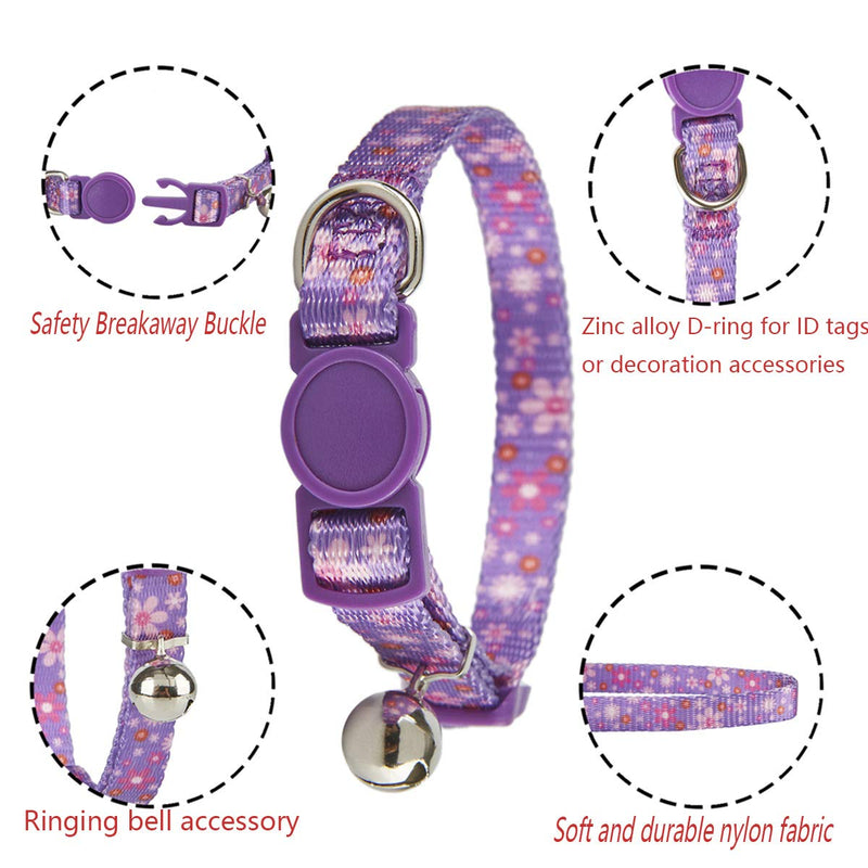 YUDOTE Breakaway Cat Collar with Bell, 2 Pack of Adjustable Cat Collars Cute Kitty Safety Collars Blue Purple Pink Kitty Collar One Size: Neck 7.5"-11.4" Floral Pink+Purple - PawsPlanet Australia