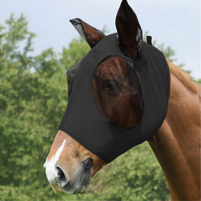 1 Piece Anti-Fly Horse Mask, Horse Mask with Earmuff Protection, Breathable Mesh, Anti-UV, Anti-Mosquito, Insect, Elastic Fly Mask (Black) - PawsPlanet Australia