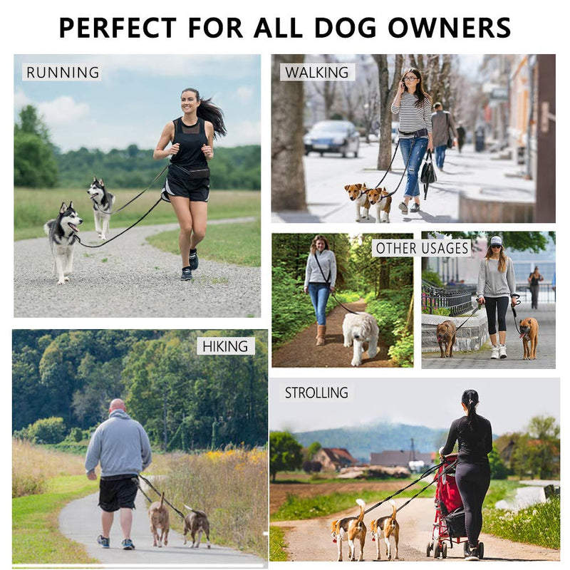 LANNEY Hands Free Dog Leash for Running Walking Jogging Training Hiking, Retractable Bungee Dog Running Waist Leash for Medium to Large Dogs, Adjustable Waist Belt, Reflective Stitches, Dual Handle Black and Gray for 2 Dogs (Detachable Pouch) - PawsPlanet Australia