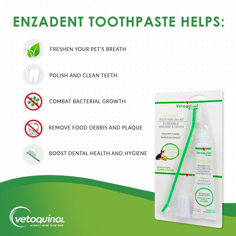 Vetoquinol Enzadent Enzymatic Toothpaste Kit + Fingerbrush & Dual-End Toothbrush for Cats & Dogs – 3.2 oz, Poultry Flavor – Oral Dental Care Kit: Removes Plaque, Polishes Teeth & Freshens Breath - PawsPlanet Australia