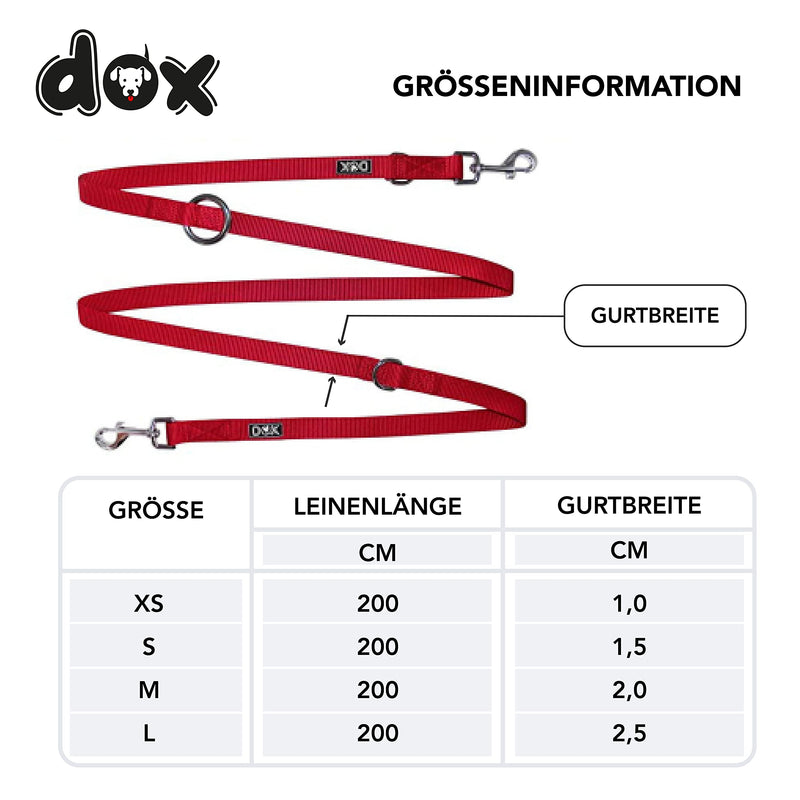 DDOXX dog leash nylon, 3-way adjustable, 2m | for small & large dogs | Double Leash Two Dog Cat Puppy | Towing leash large | Lead leash small | Running leash puppy leash | S, Red S - 1.5 x 200 cm - PawsPlanet Australia