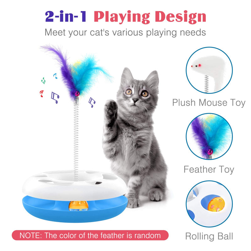 Lewondr Cat Toy Roller, Interactive Funny Toys for Cat Exercise Chaser Training Kitten Toy Cat Scratcher Play Set with a Mouse, Feather and Moving Ball Amusement Turntable Teaser Toy - Blue - PawsPlanet Australia