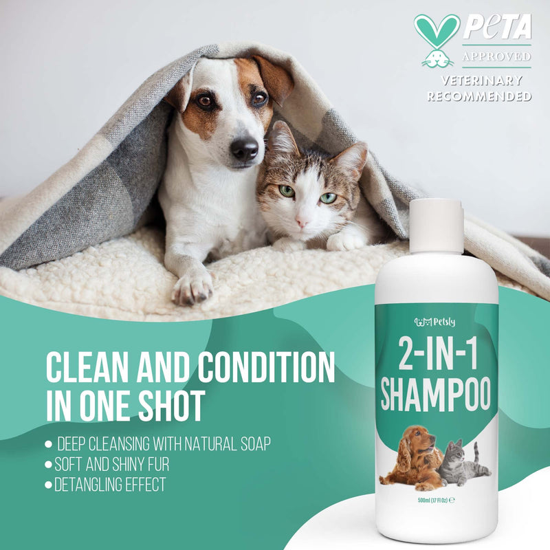 PETSLY 2-in-1 dog shampoo & cat shampoo with conditioner + aloe vera [500ml] - cleansing cat & dog shampoo fur care for cuddly soft pet fur, dog shampoo, sensitive dog shampoo - PawsPlanet Australia