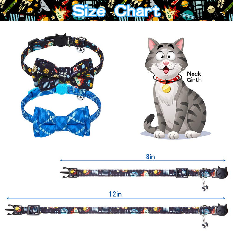 EXPAWLORER Breakaway Cat Collar with Bow tie and Bell, 2 Pack Cute Kitten Safety Collars with Plaid Dinosaur Universe Pattern Black - PawsPlanet Australia