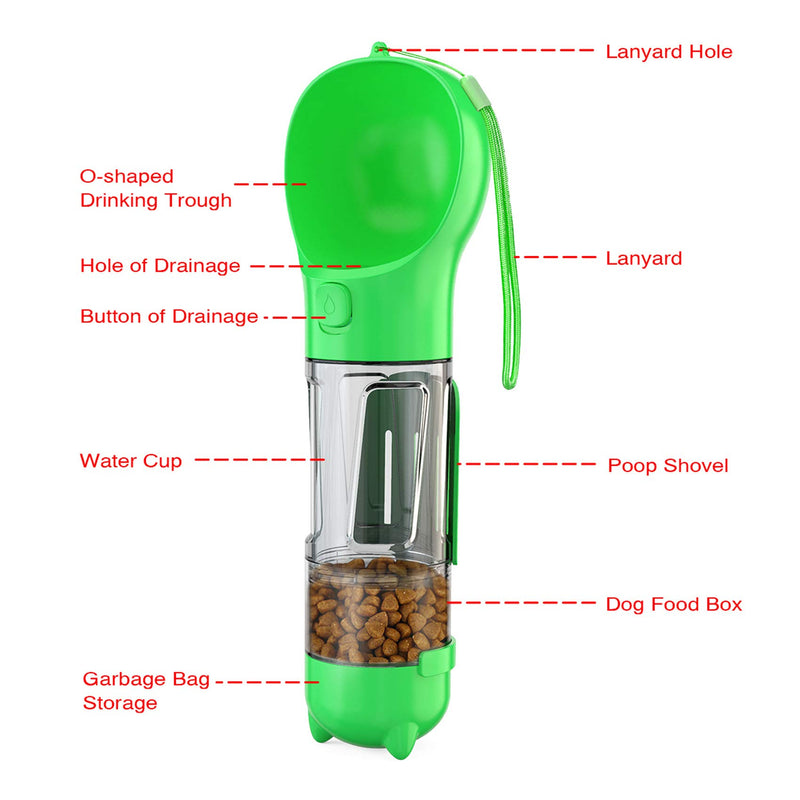 [Australia] - Water Bottle for Dog, Dog Travel Water Bottle, Drinking Feeder with Potty Waste Bags Shovel and Food Space Bpa-Free 3 in 1 Multifunction GREEN 