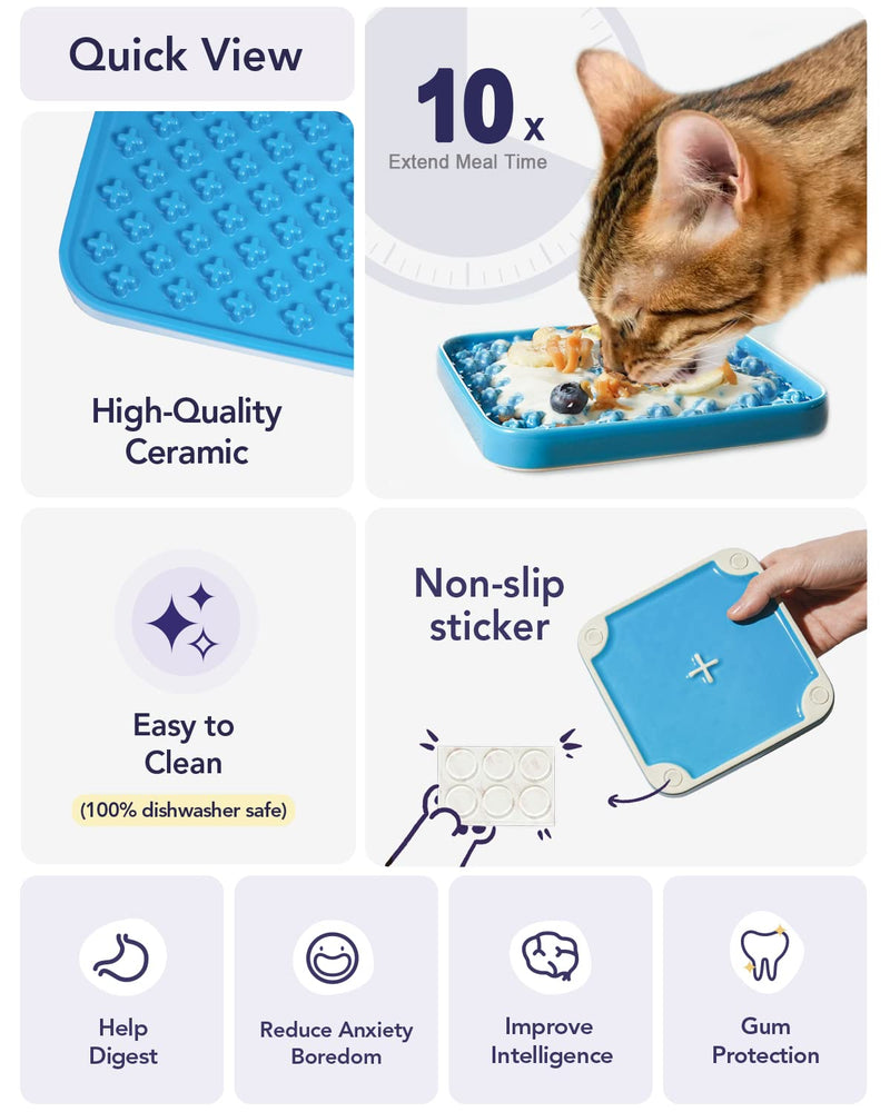 LE TAUCI PET Ceramic Slow Feeder Bowl for Cat and Small Dog, Lick Mat for Wet Food and Dry Food, Cat Food Puzzle Feeder, IQ Pet Treat Mat, Dog Feeder, Slow Bowl, Puppy Bowl, Great Gift for Pet Blue Cross - PawsPlanet Australia