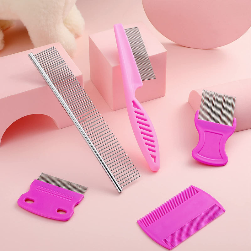5 Pieces Dog Flea Comb Pets Grooming Comb Kit for Small Dogs Puppies Stainless Steel Teeth Dog Comb Tear Stain Remover Comb 2-in-1 Dog Combs with Round Teeth to Remove Knots Crust Mucus (Pink) Pink - PawsPlanet Australia