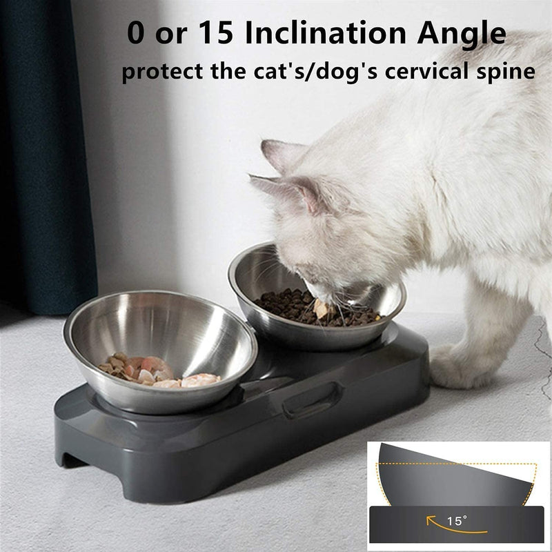 PewinGo Cat Bowl 15° Tilt Neck Protective Bowl Stainless Steel Food Grade Machine Washable Non-Slip Silicone Base for Pets Cats and Puppies Gris - PawsPlanet Australia