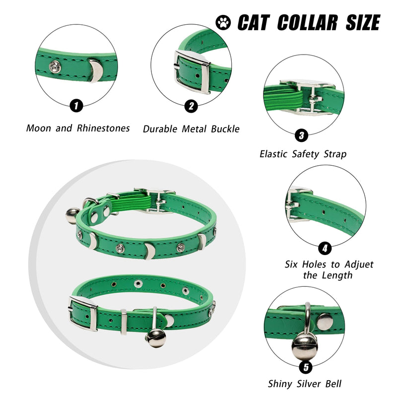 DAIHAQIKO Leather Cat Collar with Bell Cat Collar with Diamond Star Moon Green - PawsPlanet Australia