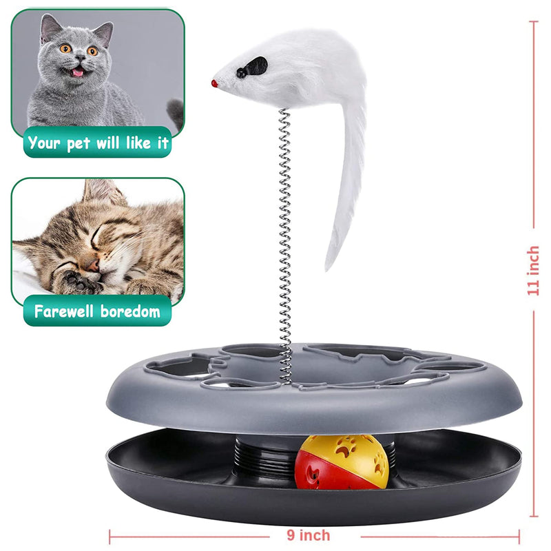 Pawzone Interactive Cat Toy 2-in-1 Cat Toy with Mouse, Cat Rotating Teaser Feather and Ball (Grey) Grey - PawsPlanet Australia