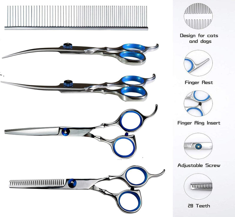 [Australia] - Dog Cat Grooming Scissors, Stainless Steel Pet Grooming Trimmer Kit, Pet Groom Hair Tool Set-Perfect Thinning, Straight, Curved Shears with Comb for Long & Short Hair 5 Pieces One Set by Vicsun 