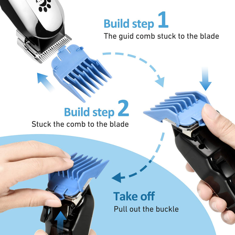 OMORC Dog Clippers with 24V Powerful Motor, Plug-in & Quiet Professional Dog Grooming Kit, Dog Hair Trimmer with 8 Comb Guides, Pet Grooming Clippers for Thick Coats Dogs Cats Horse & Others Silver - PawsPlanet Australia