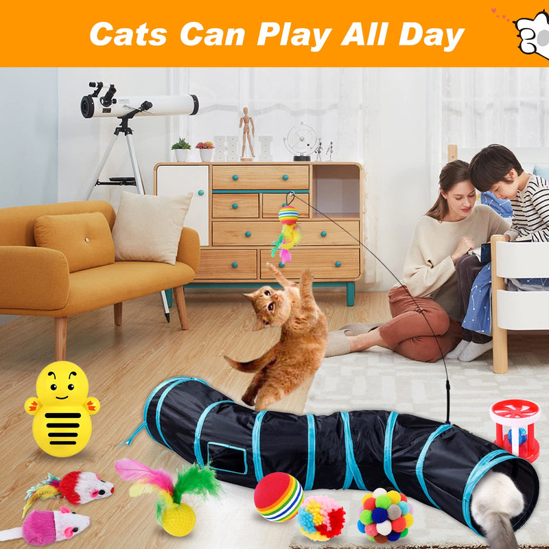 YUTUY Cat toy set with cat tunnel, 42 pieces cat toy set, with balls, feather toys, toy mice, cats, catnip, fish, 2-way cat tunnel (black) - PawsPlanet Australia