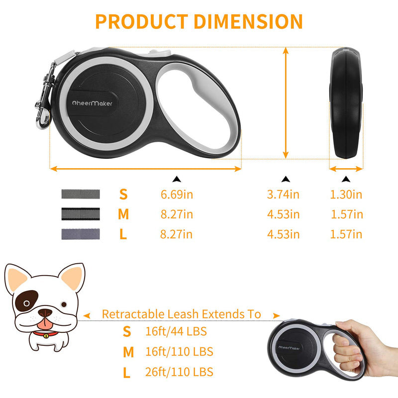 [Australia] - CheerMaker Retractable Dog Leash,360° Tangle-Free Heavy Duty Dog Walking Leash with 16ft/26ft Strong Reflective Nylon Tape/Anti-Slip Handle/One-Handed Brake,Pause,Lock for Dogs up to 44lbs/110lbs Large 