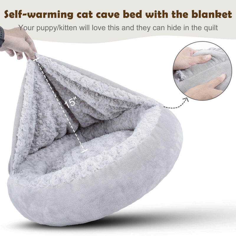 JOEJOY Small Dog Bed Cat Bed with Hooded Blanket, 23/26 Inch Donut Round Cozy Cuddler Washable Calming Dog Burrow Cat Cave Anti-Slip Puppy Bed Orthopedic Warm Cushion Pet Bed for Indoor Dogs Cats Grey S(23" x 23" x 7") - PawsPlanet Australia