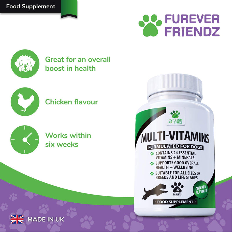 Daily Multivitamin Supplement for Dogs - 120 Chewable Chicken Flavour Tablets – 24 Nutrients, Vitamins & Minerals - Helps with Brain, Heart, Eyes, Kidneys, Liver, Joint Function • Furever Friendz - PawsPlanet Australia