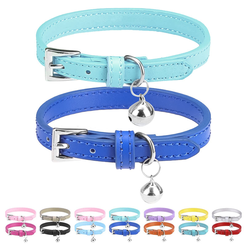 PUPTECK Pack of 2 Soft Leather Cat Collars with Bell for Kittens Orange, Purple, Black, Khaki, Blue, Rose Red 22.1-26cm 22.1-26cm Pale Turquoise & Navy Blue - PawsPlanet Australia