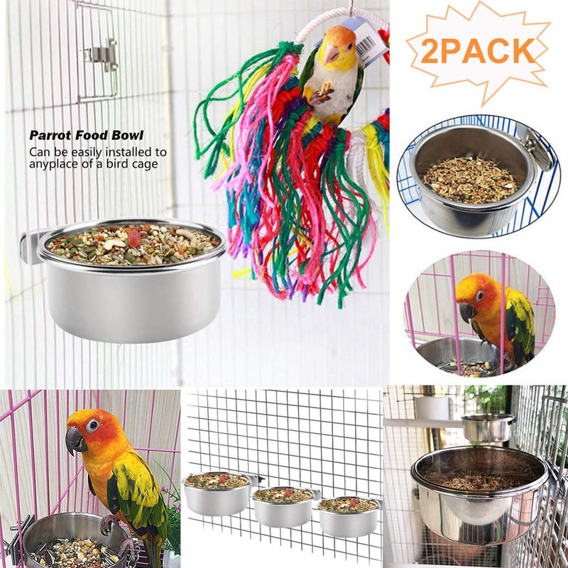 [Australia] - kathson 2 Pack Bird Feeding Cups with Clamp Holder, Parrot Food & Water Cage Hanging Bowl Stainless Steel Coop Cup Dish Feeder for Parakeet Cockatiels Conure Budgies Lovebird Finch 