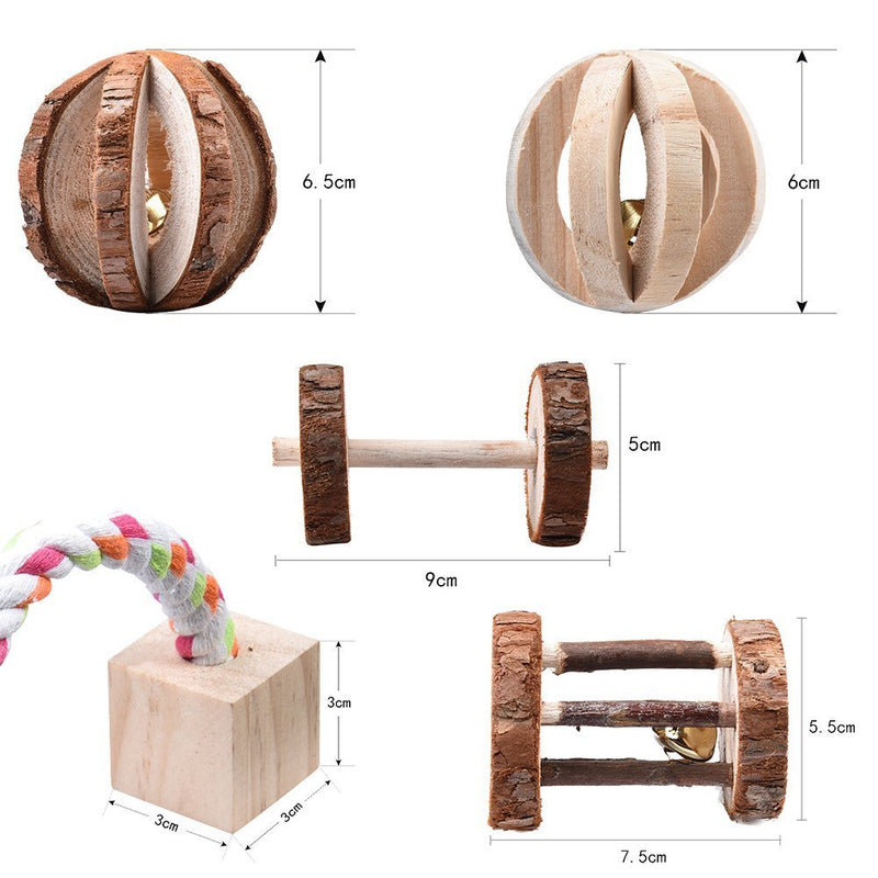 [Australia] - Beisaqi 5pcs Little Pets Toys Set Wooden Chew Pine Dumbells Unicycle Bell Roller Toy for Cat Hamster Rat 