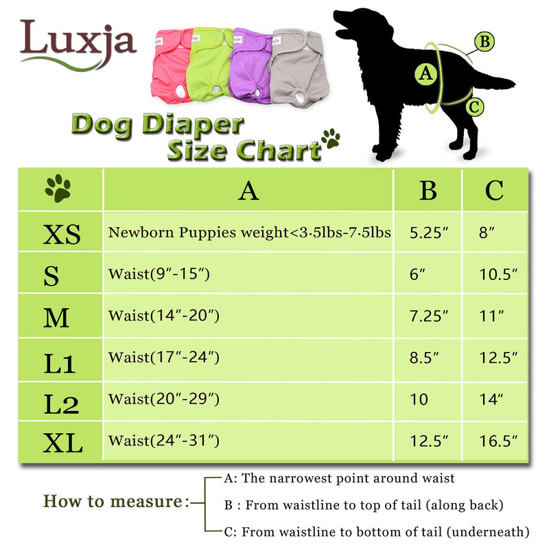 [Australia] - LUXJA Reusable Female Dog Diapers with Detachable Diaper Pads (Pack of 4), Washable Wraps for Female Dog (Gray + Green + Purple + Rose Red) L1: waist 17"-24" 