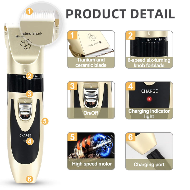 GRANDMA SHARK Professional Dog Grooming Kit, Rechargeable, Cordless, Low Noise Dog Clippers for Grooming Thick Coats - Clippers, Nail Trimmer, Complete Grooming Set for Dogs, Cats, Other Pets - PawsPlanet Australia
