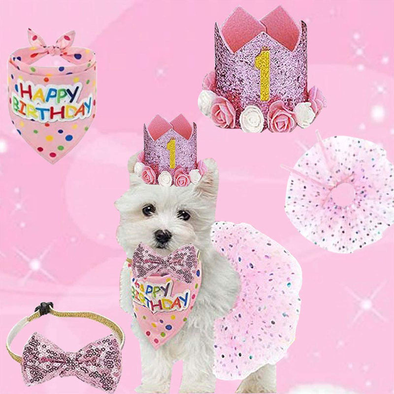 Falwela Dog Birthday Party Supplies Decoration - Pet Puppy Party Supplies Scarf Hat, Tutu Skirt Crown Bow Tie 0-9 Figure Pet Happy Birthday Triangle Scarf Banner for Pet Puppy Dog Cat Girl (Pink) pink - PawsPlanet Australia