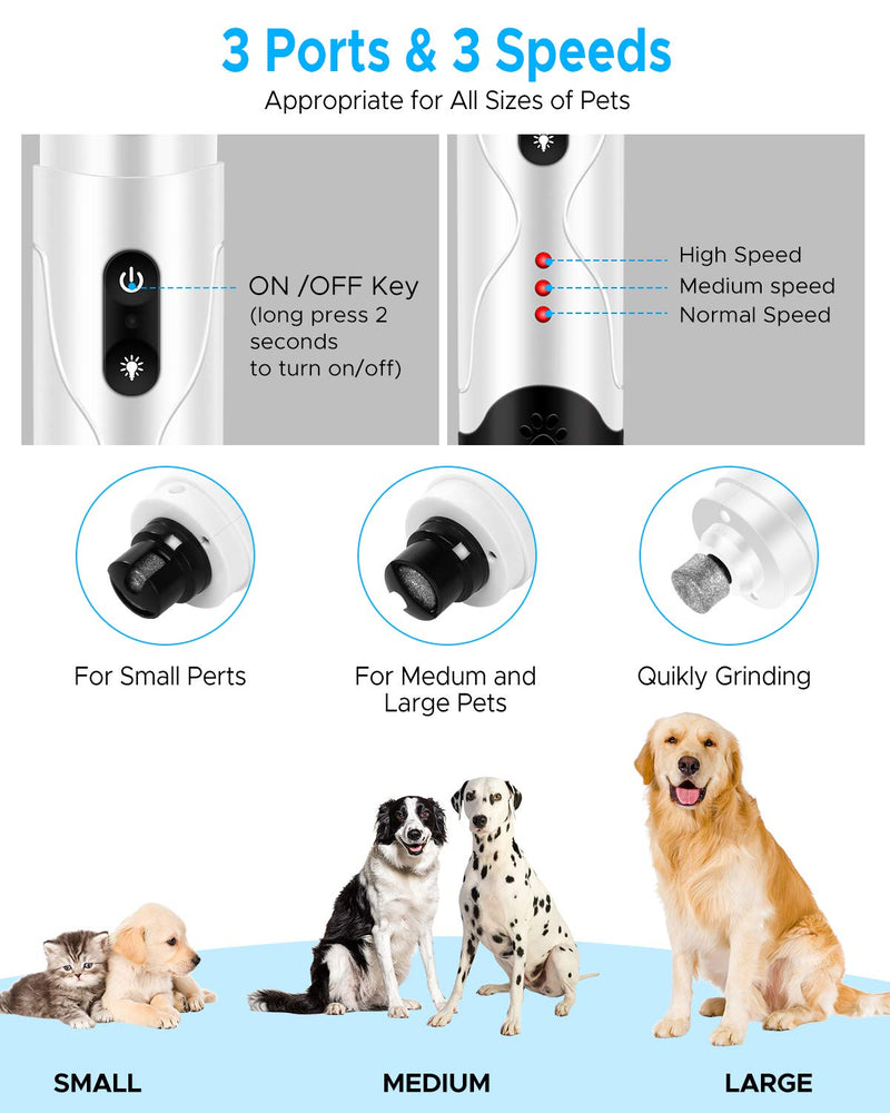 Dog Nail Grinder with LED, 3-Speed Professional Electric Pet Nail Trimmer Clippers, Ultra Quiet, Effective and Gentle Painless for S/M/L Dogs Cats Paws Grooming Trimming - PawsPlanet Australia