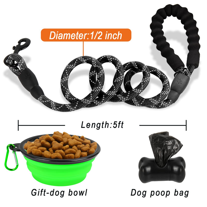 BARKBAY Dog leashes for Large Dogs Rope Leash Heavy Duty Dog Leash with Comfortable Padded Handle and Highly Reflective Threads 5 FT for Small Medium Large Dogs 5 Feet Black - PawsPlanet Australia