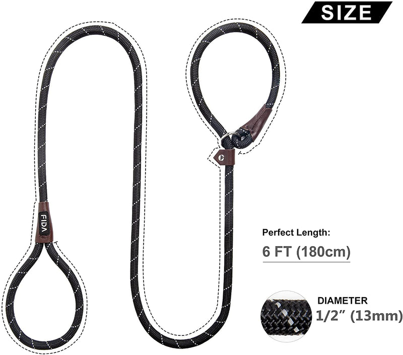 Fida Slip Rope Dog Lead | 1.8m, One-Size-Fits-All, Slip-On Rope Leash. Easy to Slip On, No Collar or Harness Needed. Durable & Weather Resistant Climbers Rope with Reflective Stitching (Black) Black - PawsPlanet Australia