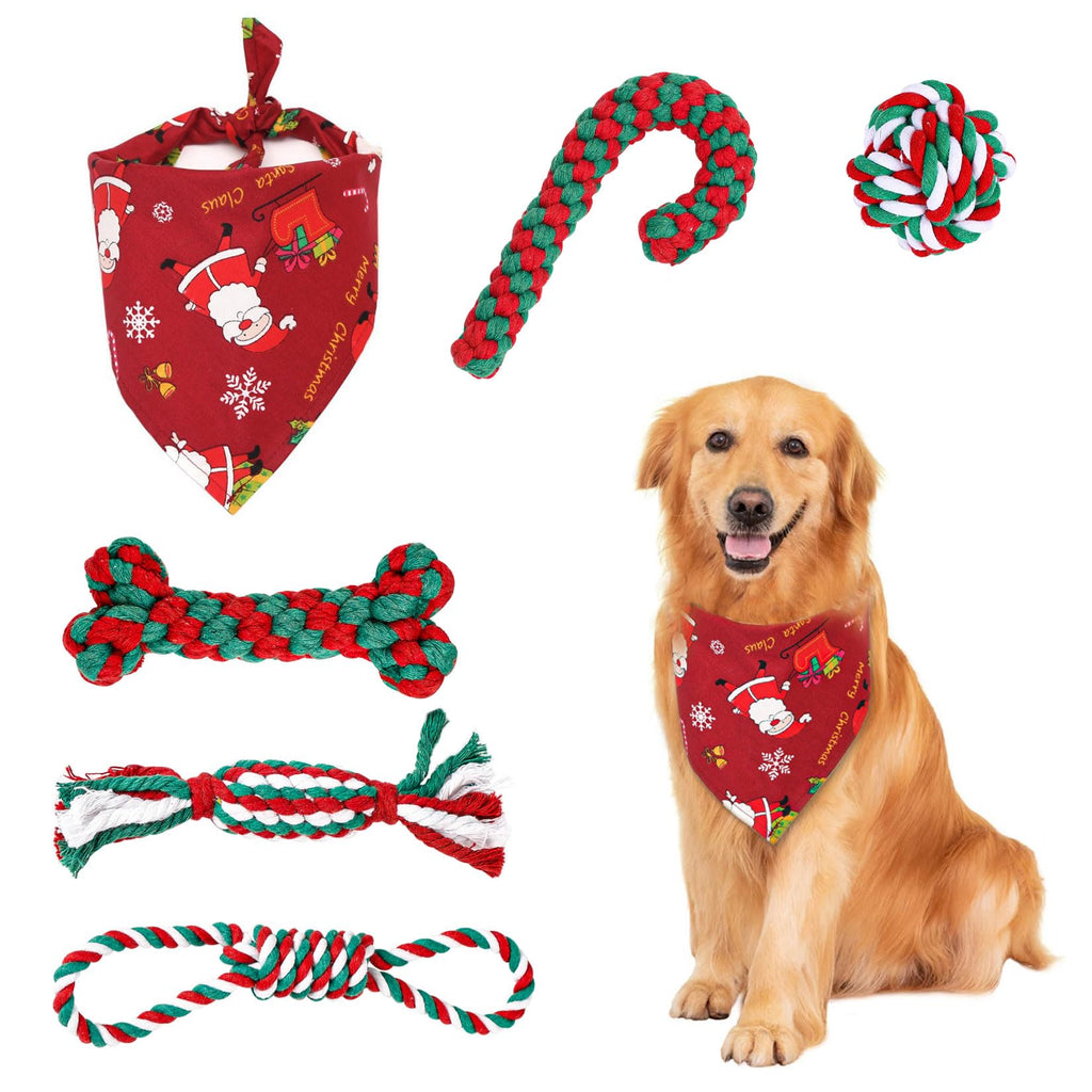 GothicBride Pack of 6 dog toys Christmas, gift Christmas contains 5 dog toys rope natural cotton & 1 red dog bandana, dog chew toy Christmas dog toy candy cane - PawsPlanet Australia