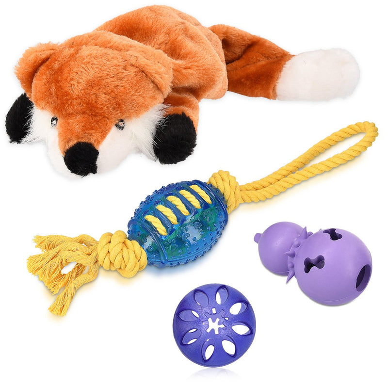 Navaris 4-in-1 Dog toy playing set - Dog toy set with a soft fox toy snack ball rugby rope toy snack game - Also for puppies - PawsPlanet Australia