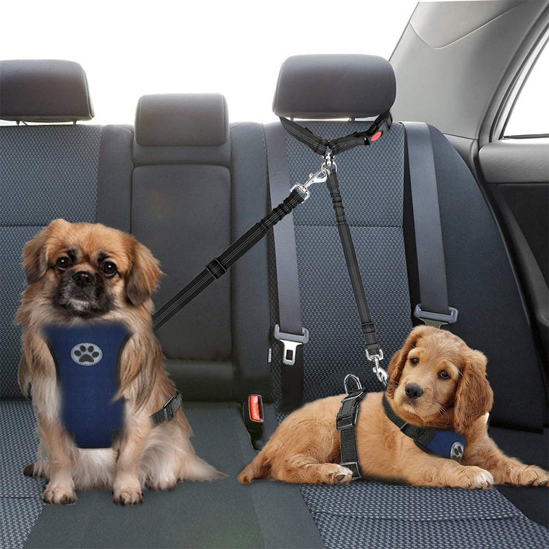 [Australia] - SlowTon Double Dog Seat Belt, Dual Pet Car Seatbelt Headrest Restraint Safety Belt Adjustable Detachable No Tangle Dog Leash Reflective Elastic Bungee Lead Splitter for Vehicle Travel Walking Black 