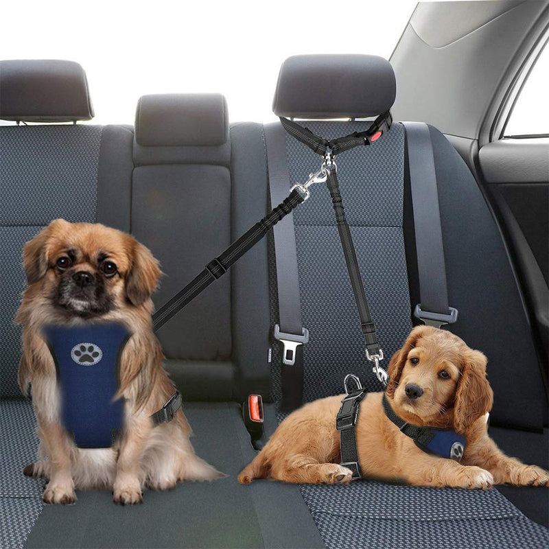 [Australia] - Lukovee Double Dog Seat Belt, Detachable Dual Pet Car Seatbelt Headrest Restraint Safety Belt Adjust No Tangle Dog Leash Reflective Elastic Bungee Lead Splitter for Vehicle Travel Walking 1 or 2 Dogs 