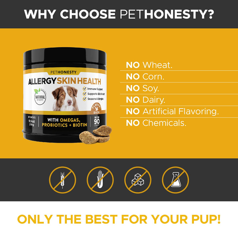 PetHonesty Allergy SkinHealth - Fish Oil for Dogs with Omegas, DHAGold, Flaxseed, Probiotics for Itch-Free Skin, Shiny Coats, Helps Reduce Shedding - Soft Chews for Healthy Skin & Coat Duck - PawsPlanet Australia