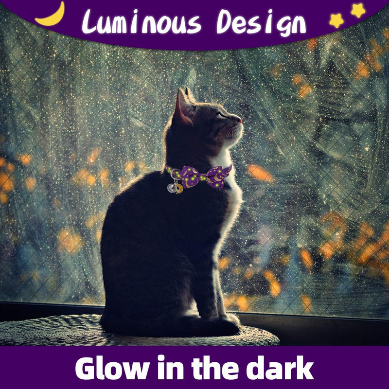 [Australia] - BINGPET Luminous Cat Collar with Bells - Glow in The Dark Detachable Bow Tie Collars 3 Pack - Breakaway Adjustable Hot Stamping Pet Kitten Collars with Popular Star and Moon Patterns 