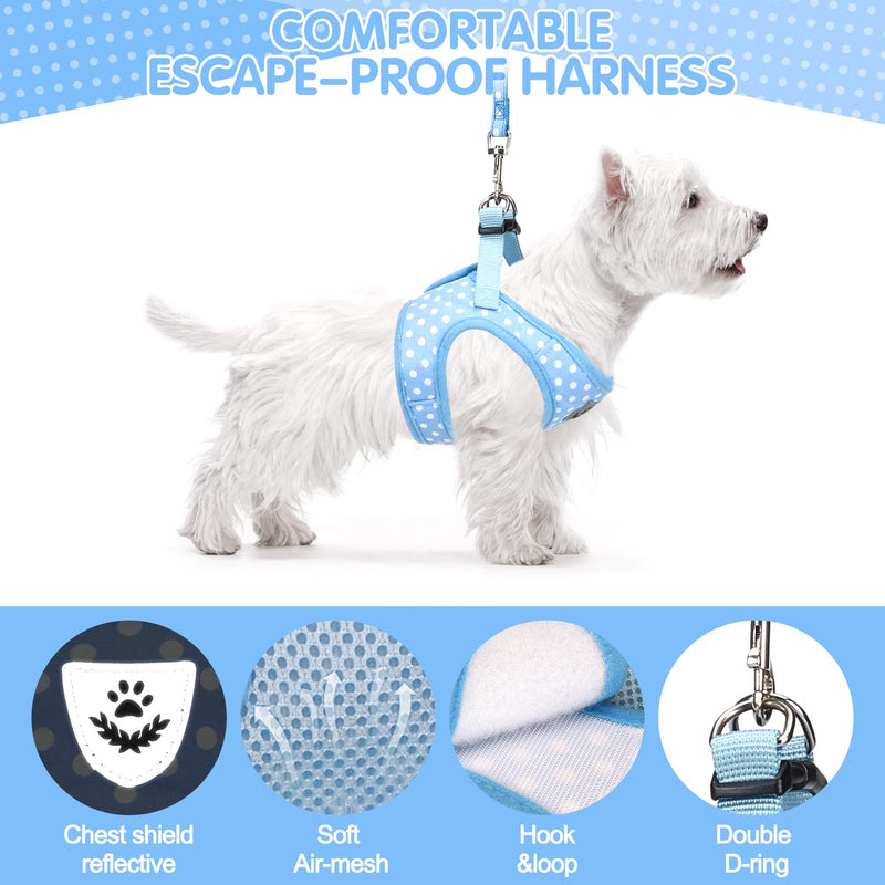 Dog Harness and Leash Bow-tie Collar Set - Adjustable Polka Dot Dog Harness with Reflective Design, Quick Release & Escape-Proof Vest Harness with Breathable Mesh for Tiny Puppies and Small Dogs XS/S Blue - PawsPlanet Australia