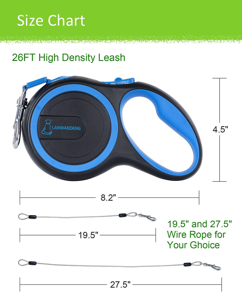 26FT Long Chew Proof Retractable Dog Leash with 2 Heavy Duty Anti-Chewing Wire Ropes, 360° Tangle-Free Dog Lead with Anti-Slip Handle for Small/Medium/Large Dogs… Blue - PawsPlanet Australia