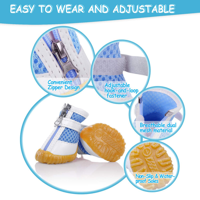 AOFITEE Mesh Dog Shoes Pet Boots, Breathable Dog Shoes for Small Doggy, Waterproof Pet Sandals with Anti-Slip Sole and Zipper Closure, Durable Pet Paw Protector for Hot Pavement X-Small (Pack of 4) Blue - PawsPlanet Australia