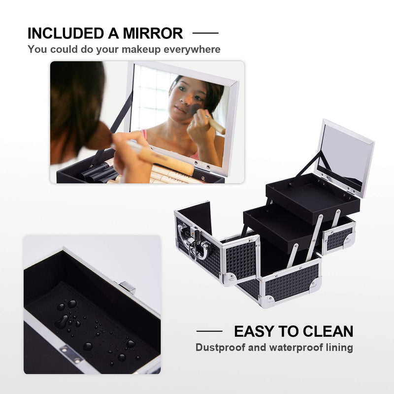 Joligrace Girls Makeup Box with Mirror Vanity Case Jewelry Organiser Nail Box Cosmetic Case Light Weight, 2 Trays Lockable with Keys (Black) Black - PawsPlanet Australia